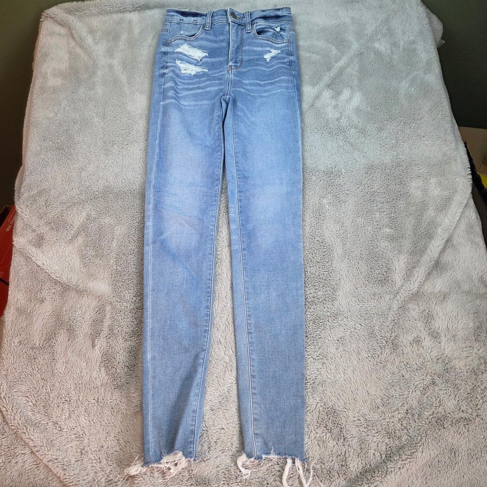 American Eagle Soft Knit Skinny Jeans Womens 00 Light Wash Distressed Raw Hem‎